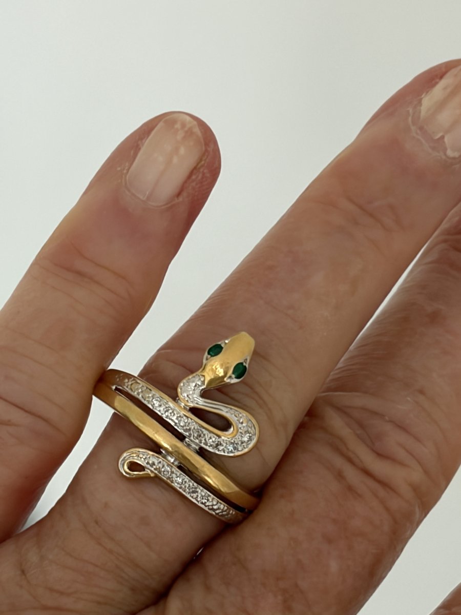 7881- Bague Serpent Vintage Or Jaune Diamants Emeraudes-photo-2
