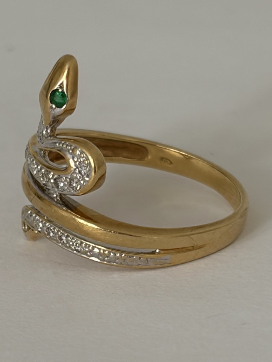 7881- Bague Serpent Vintage Or Jaune Diamants Emeraudes-photo-3