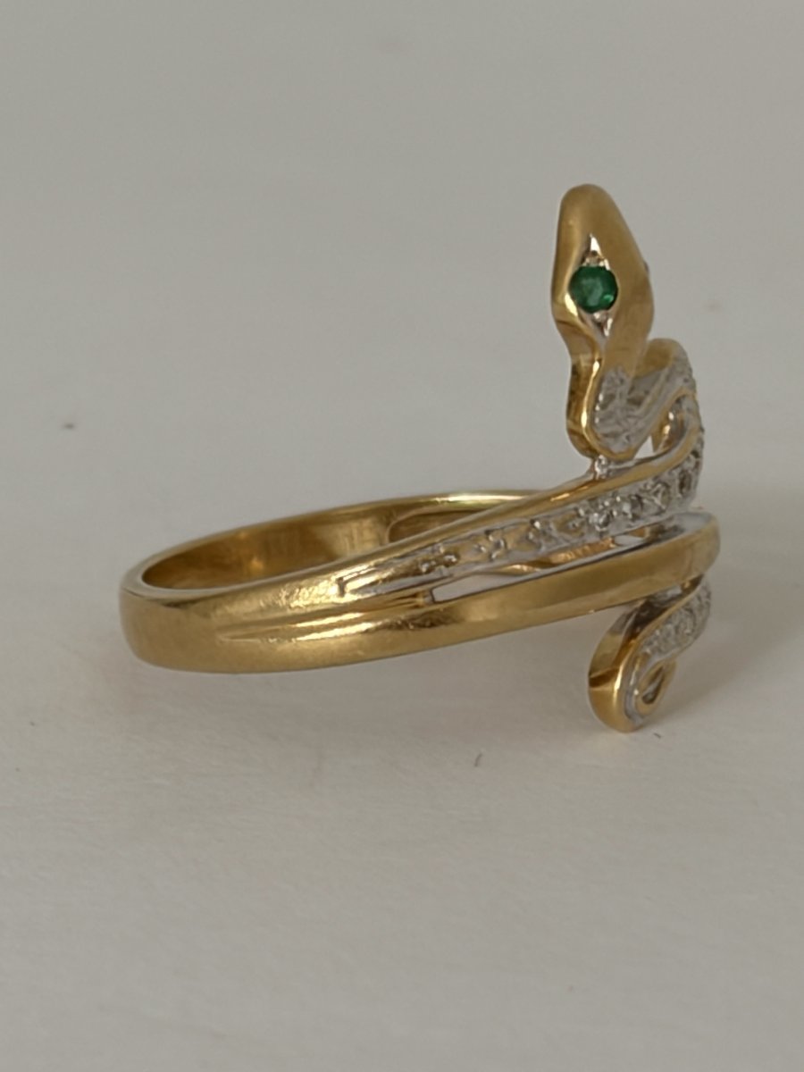 7881- Bague Serpent Vintage Or Jaune Diamants Emeraudes-photo-4