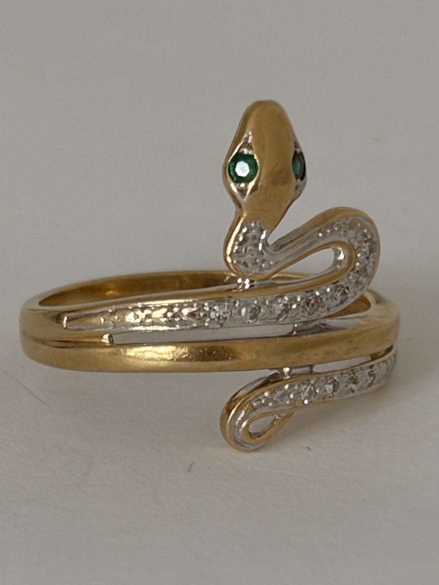 7881- Bague Serpent Vintage Or Jaune Diamants Emeraudes-photo-1