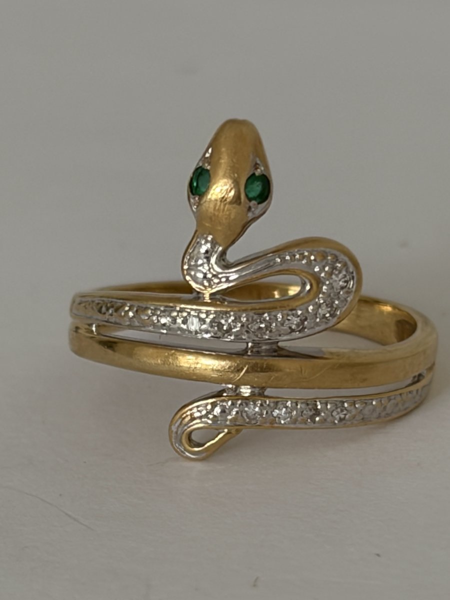 7881- Bague Serpent Vintage Or Jaune Diamants Emeraudes