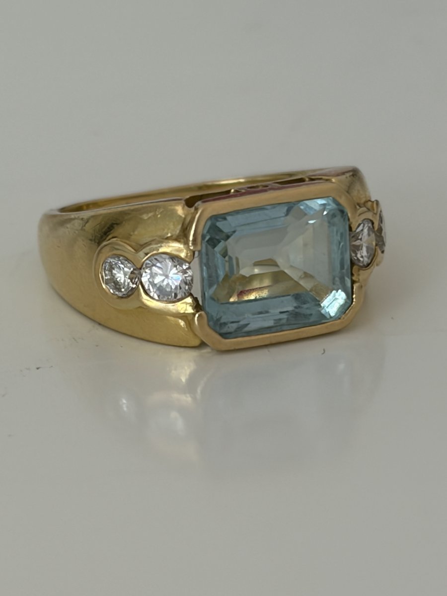 7935- Bague Jonc Or Jaune Aigue-Marine Diamants-photo-3