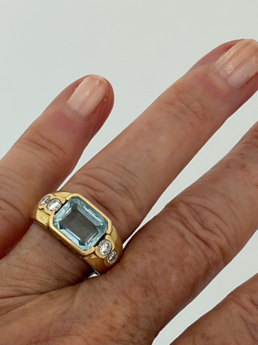 7935- Bague Jonc Or Jaune Aigue-Marine Diamants-photo-4