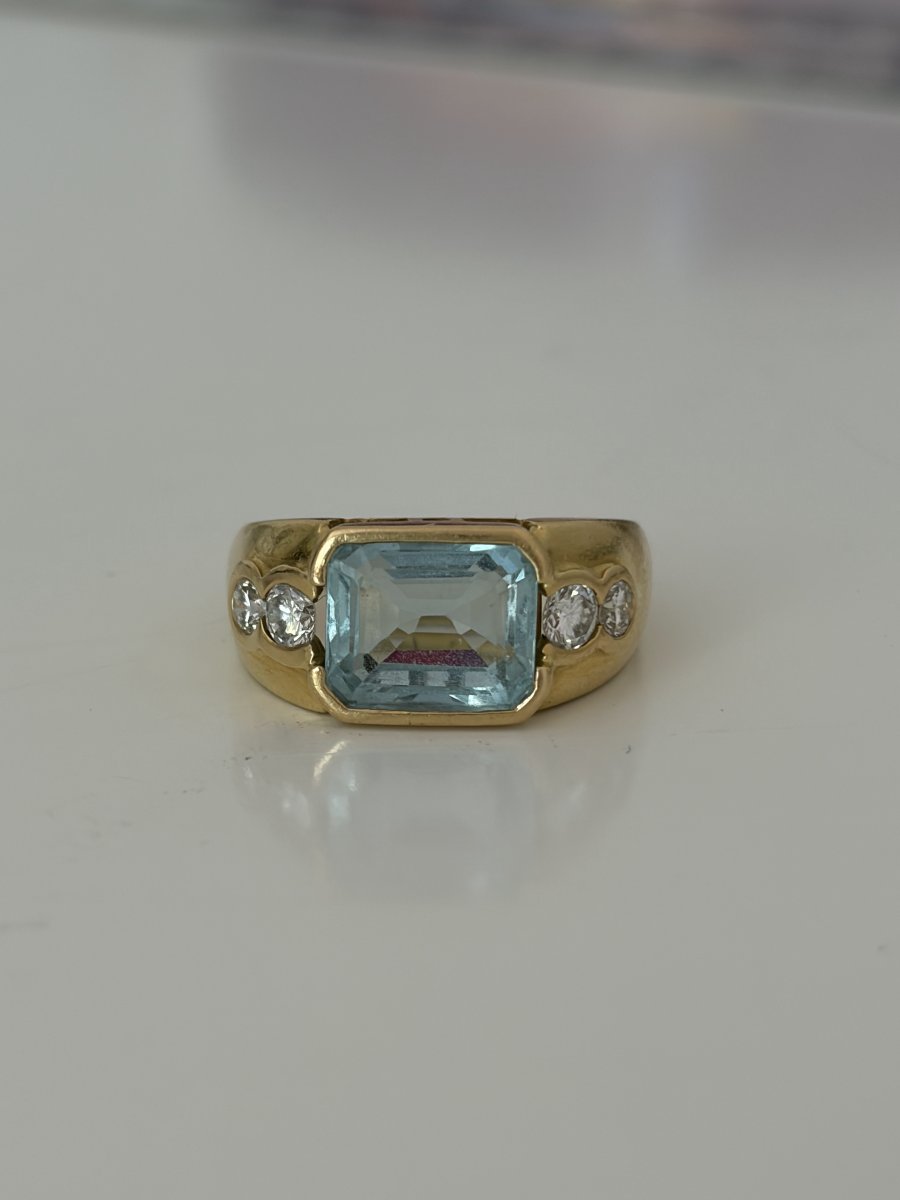 7935- Bague Jonc Or Jaune Aigue-Marine Diamants