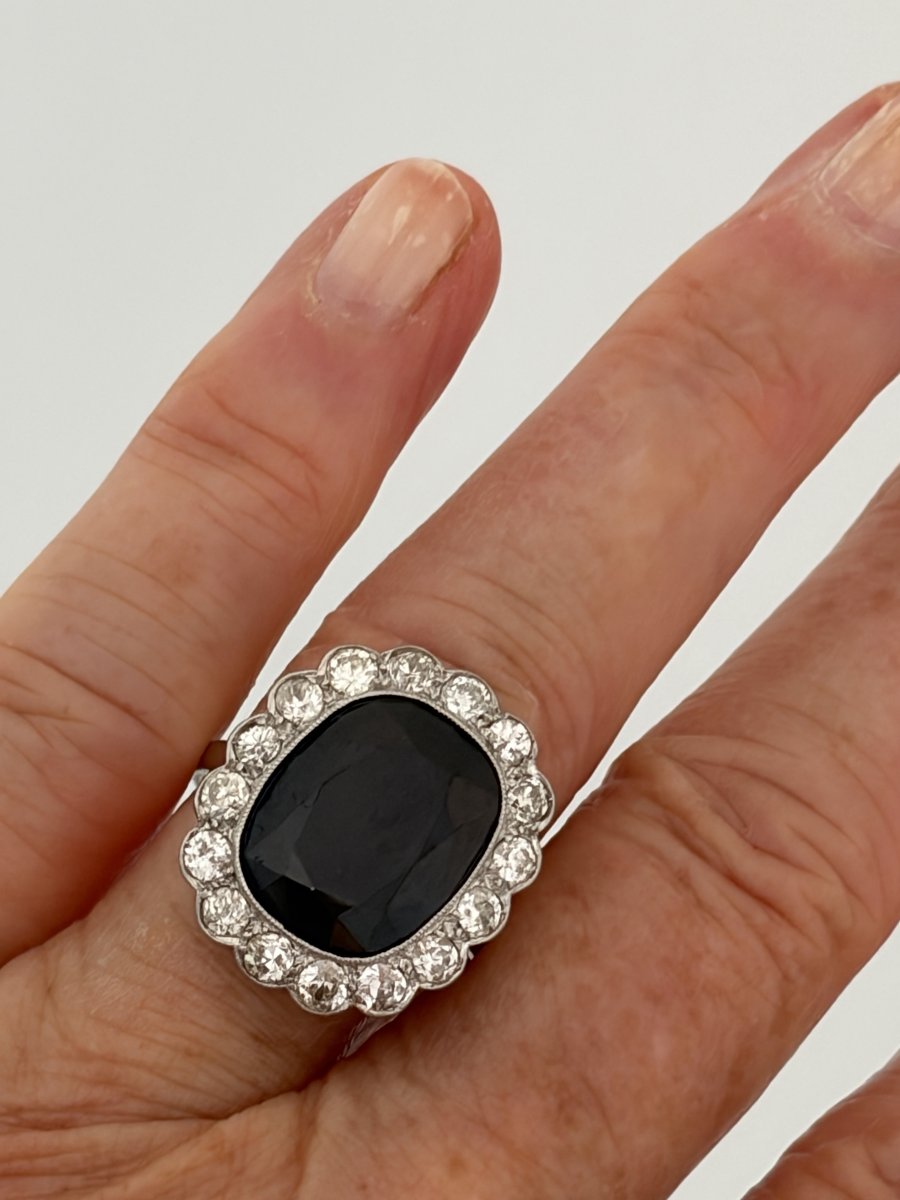 7937- Bague Pompadour Ancienne Platine Saphir Diamants-photo-2