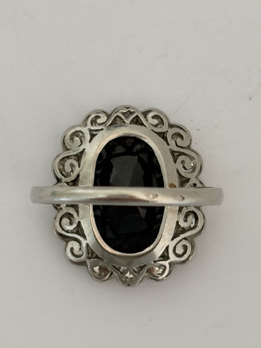 7937- Bague Pompadour Ancienne Platine Saphir Diamants-photo-3