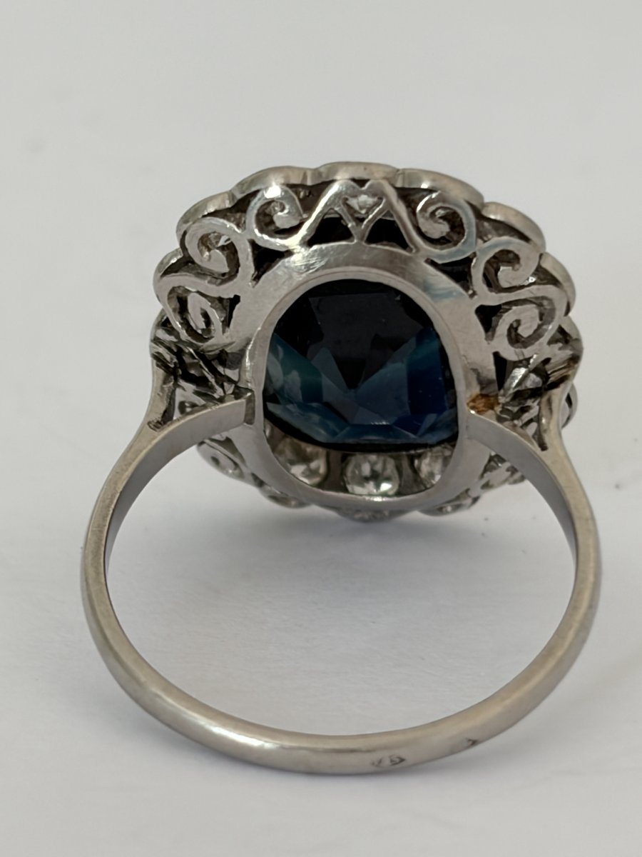 7937- Bague Pompadour Ancienne Platine Saphir Diamants-photo-4