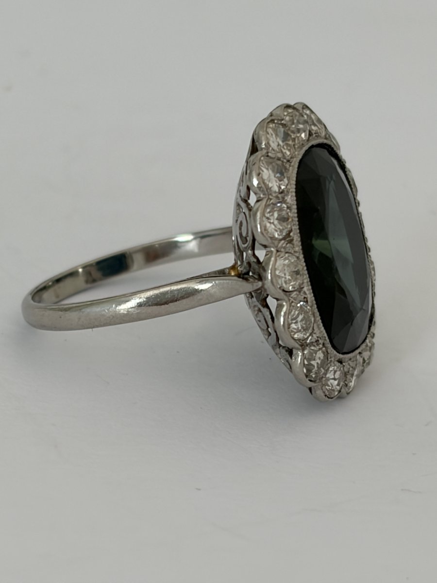 7937- Bague Pompadour Ancienne Platine Saphir Diamants-photo-1