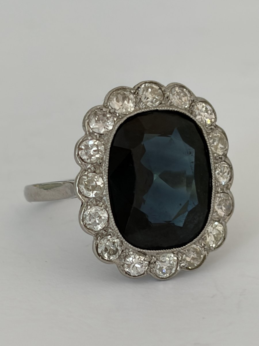 7937- Bague Pompadour Ancienne Platine Saphir Diamants-photo-2