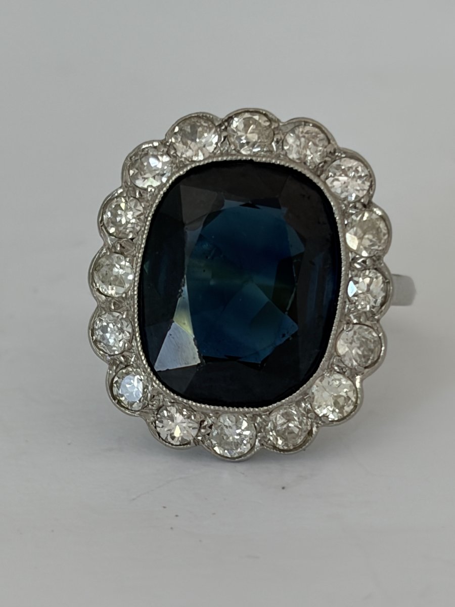 7937- Bague Pompadour Ancienne Platine Saphir Diamants-photo-3