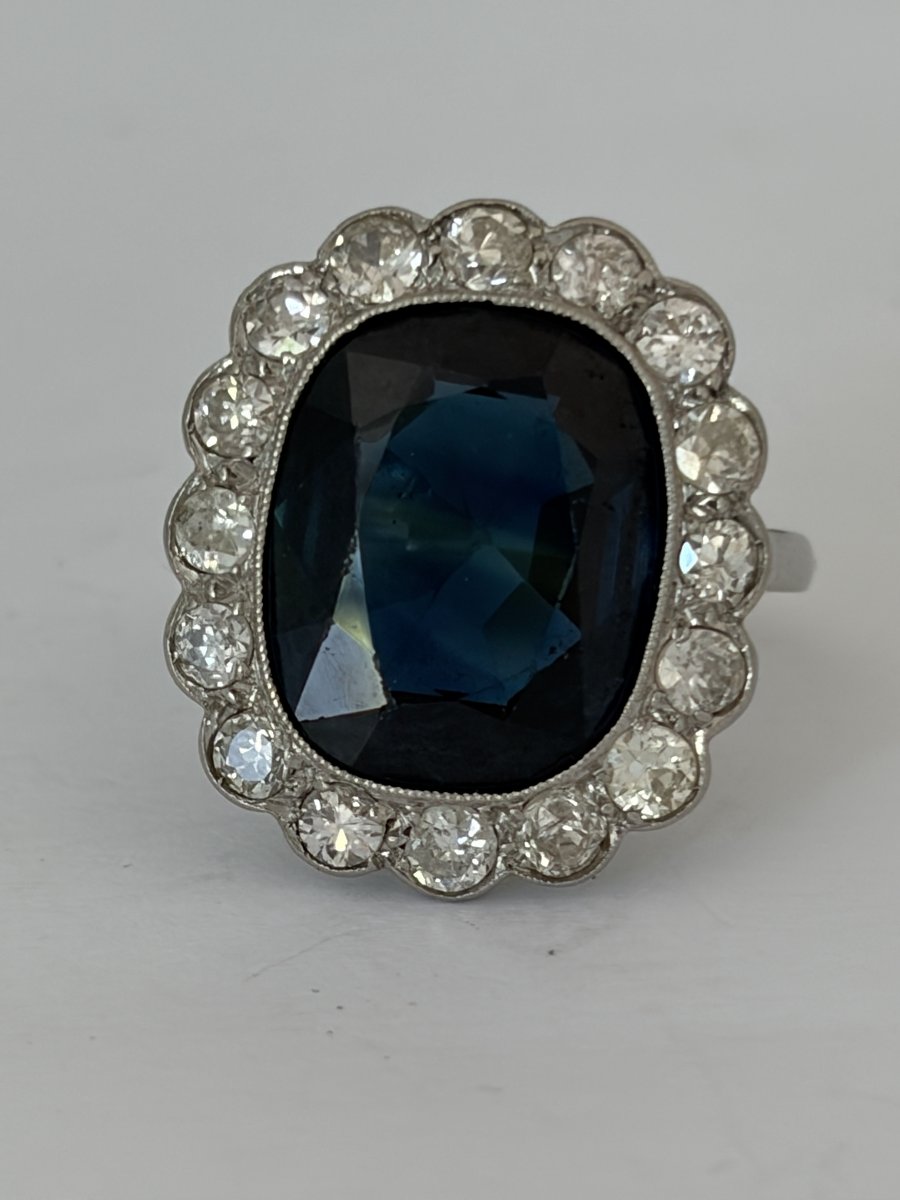 7937- Bague Pompadour Ancienne Platine Saphir Diamants