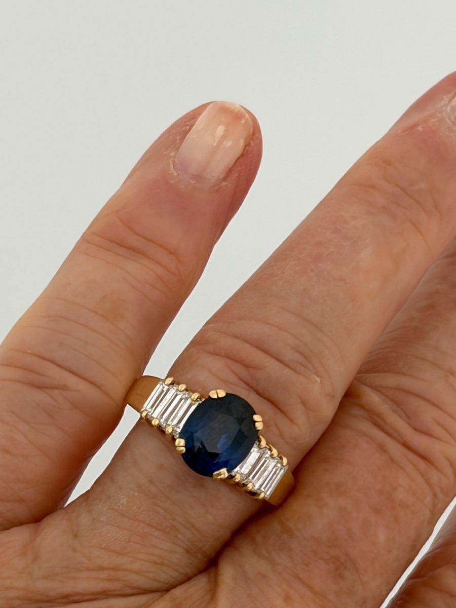 7940- Bague Or Jaune Saphir Diamants Baguette-photo-2