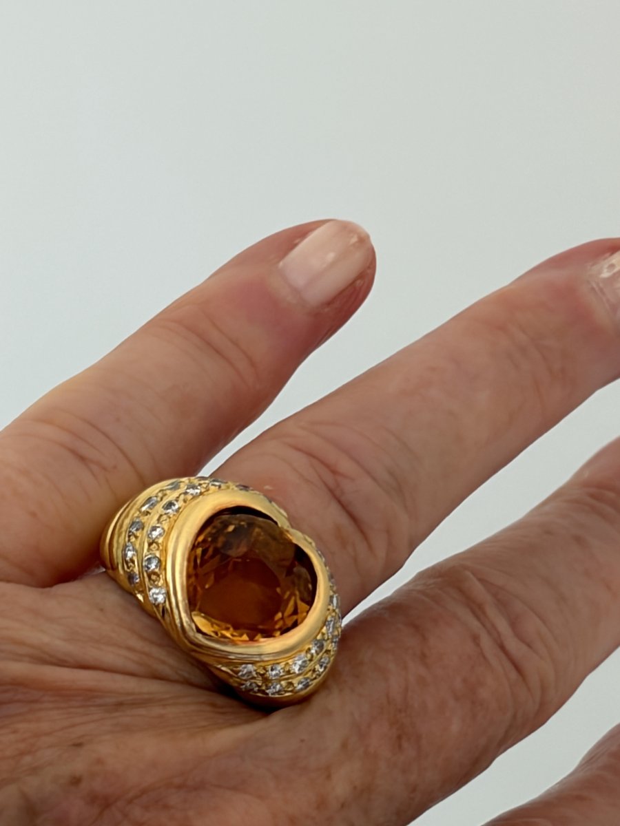 7984 - Vintage Yellow Gold Heart Ring With Citrine And Diamonds-photo-3