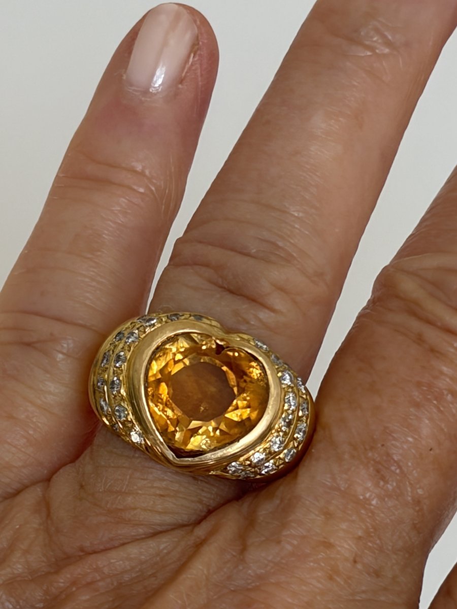 7984 - Vintage Yellow Gold Heart Ring With Citrine And Diamonds-photo-2