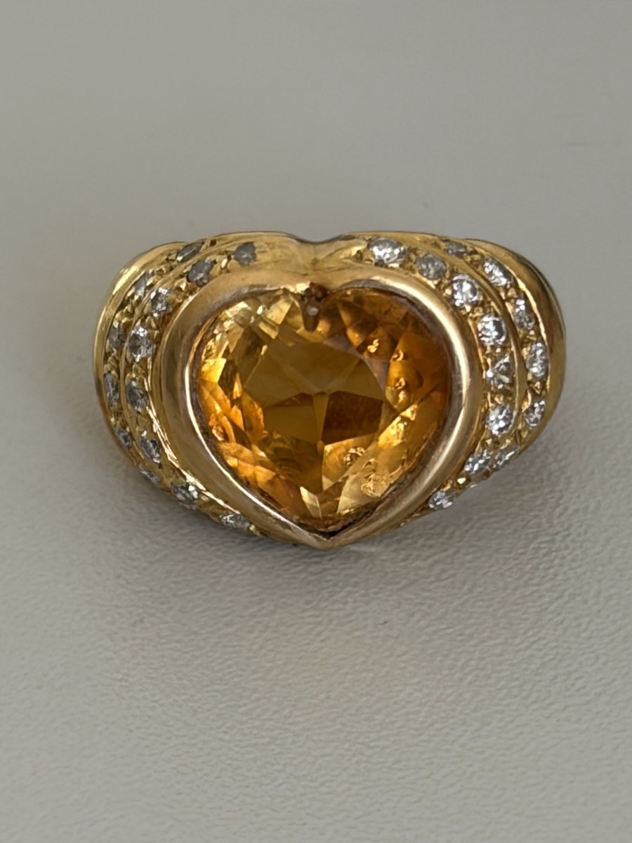 7984 - Vintage Yellow Gold Heart Ring With Citrine And Diamonds