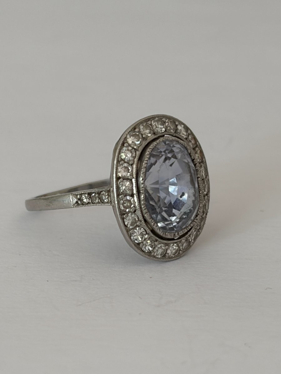 8004- Bague Ancienne Platine Saphir Diamants-photo-3