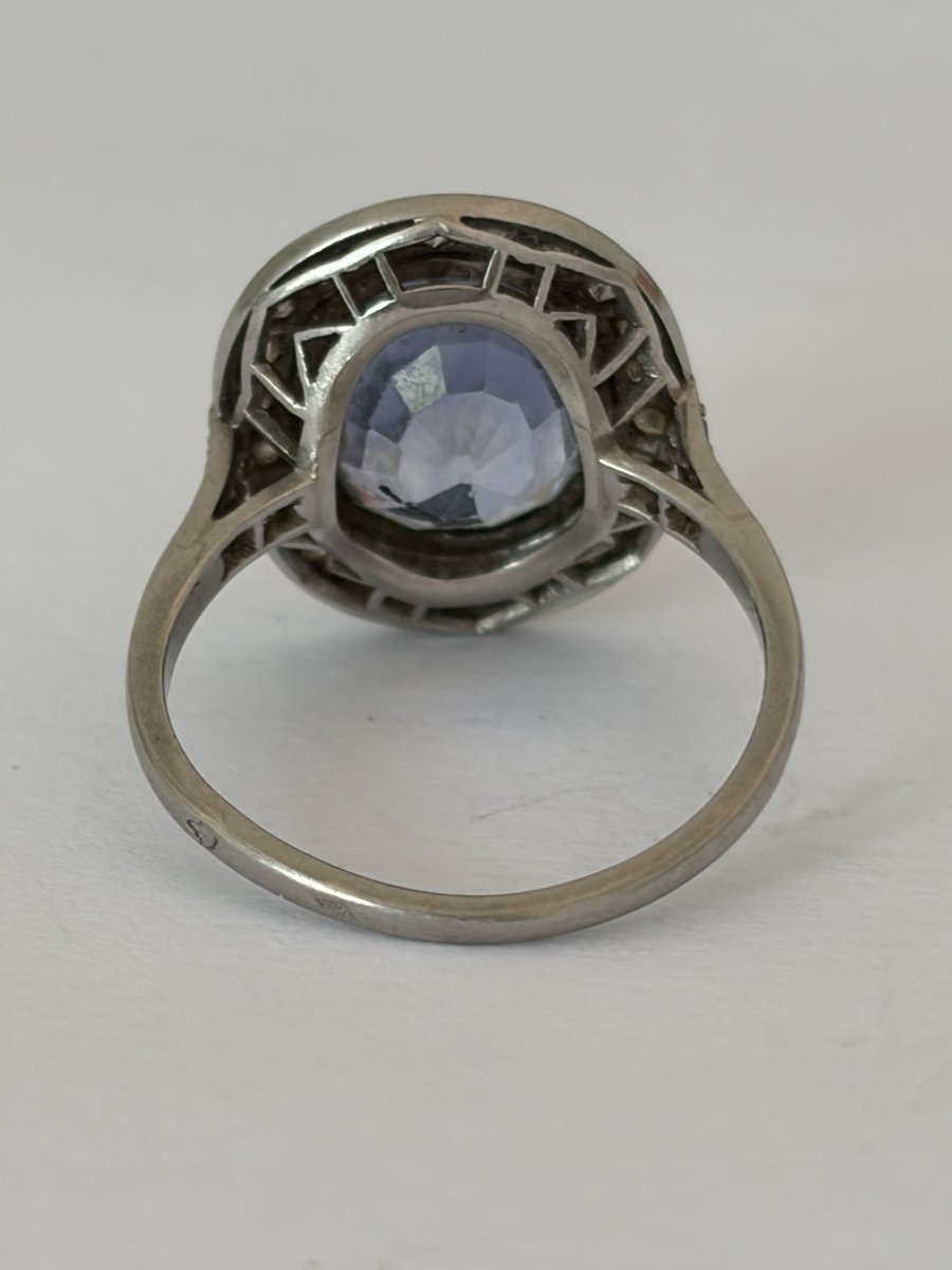 8004- Bague Ancienne Platine Saphir Diamants-photo-4