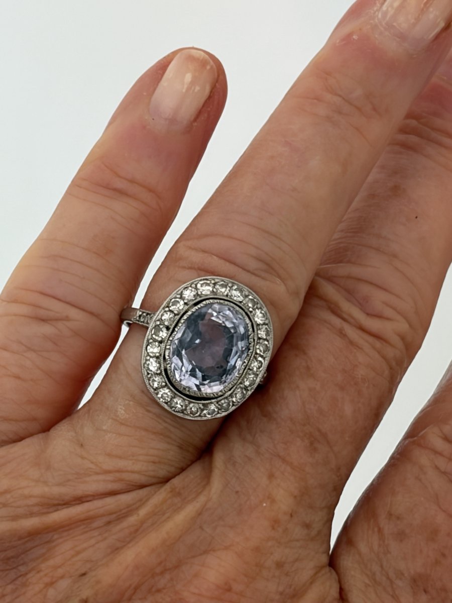 8004- Bague Ancienne Platine Saphir Diamants-photo-1