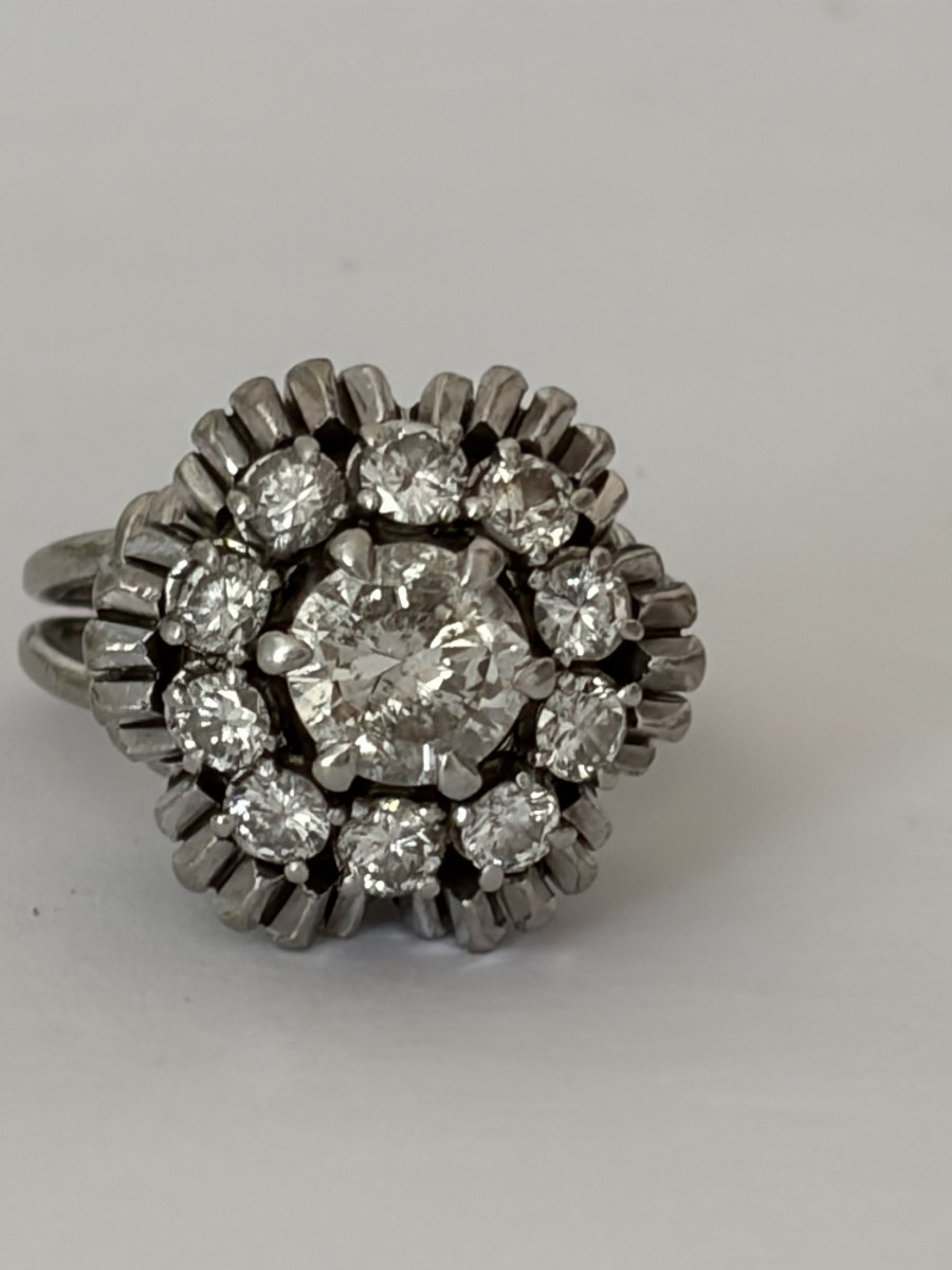 8014- Bague Fleur Ancienne Or Gris Platine Diamants-photo-2
