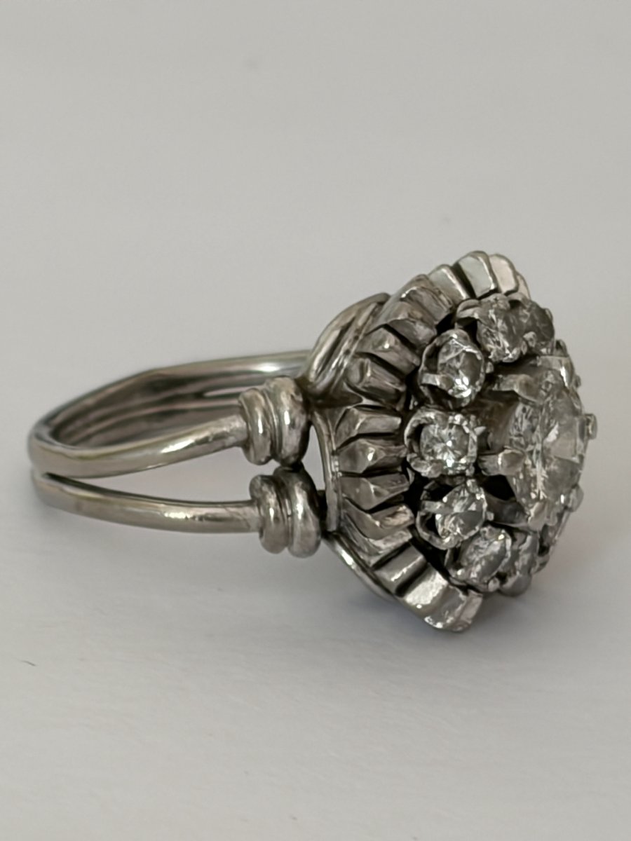 8014- Bague Fleur Ancienne Or Gris Platine Diamants-photo-3