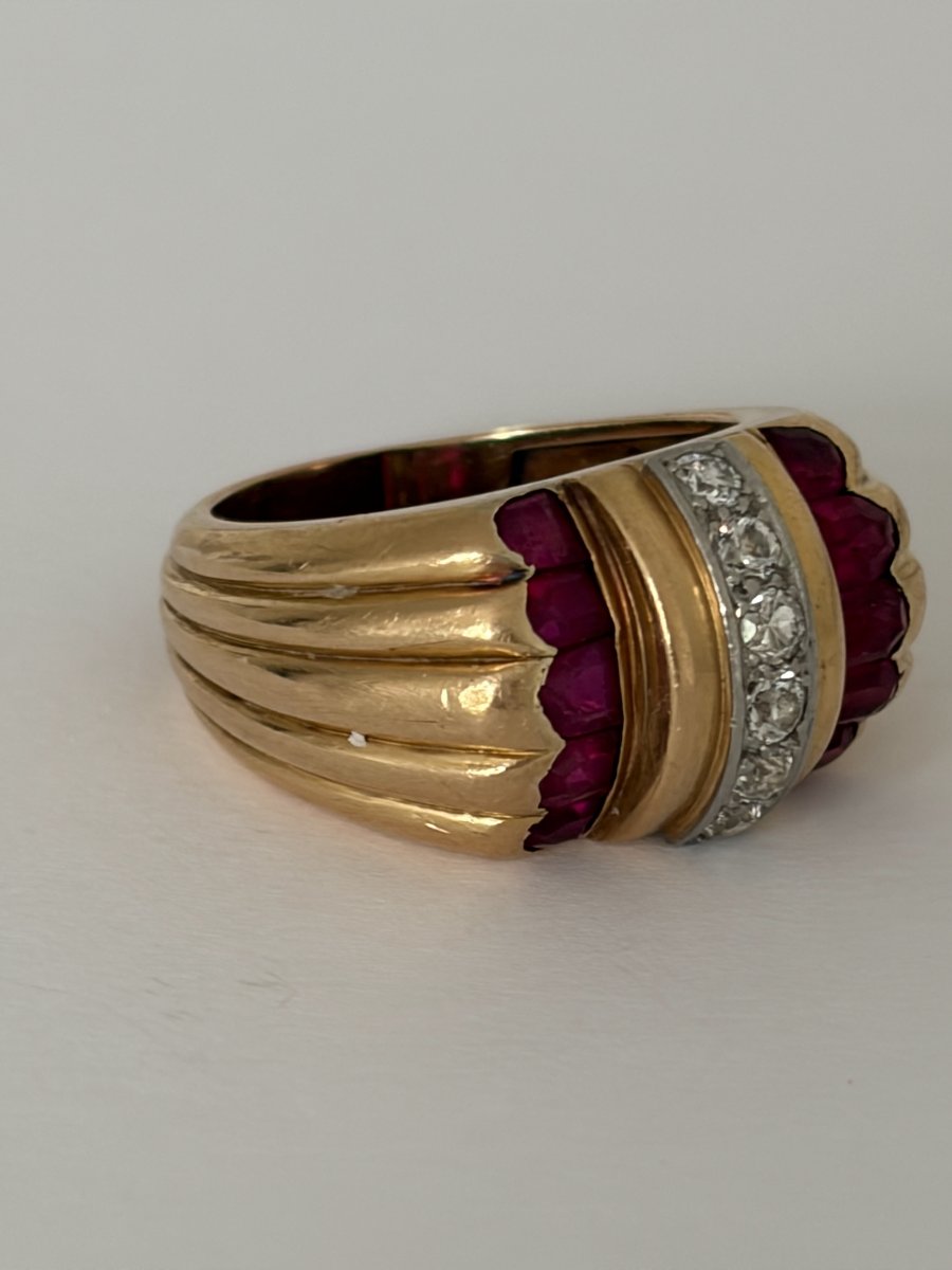 8048- Bague Bandeau Vintage Or Jaune Platine Diamants Pierres Roses-photo-3
