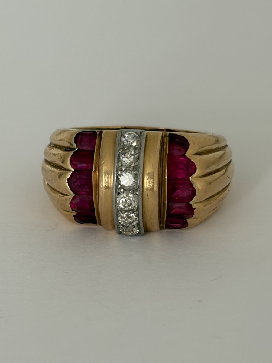 8048- Bague Bandeau Vintage Or Jaune Platine Diamants Pierres Roses