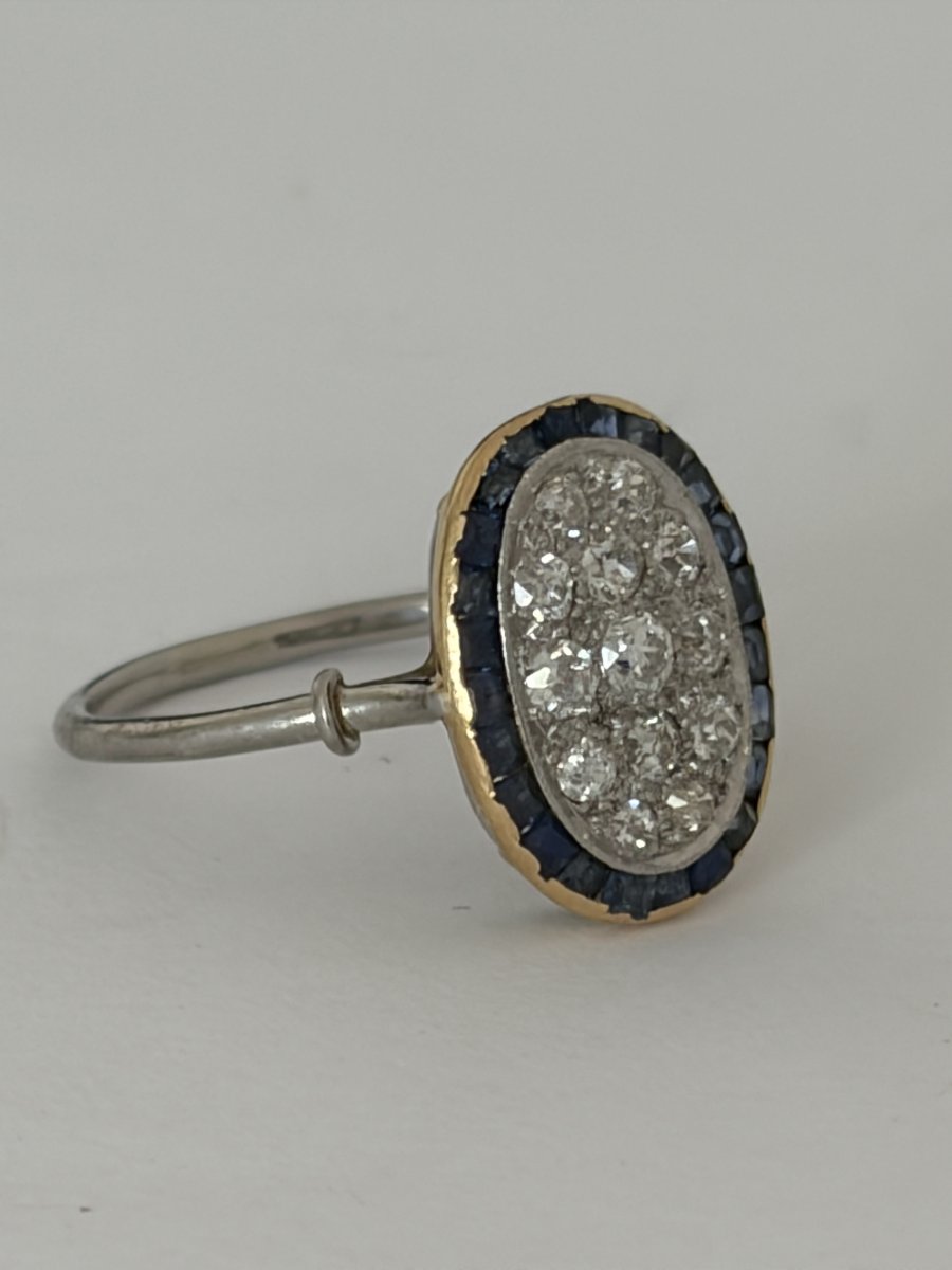 8090- Bague Ancienne Or Jaune et Gris Diamants Saphirs-photo-3