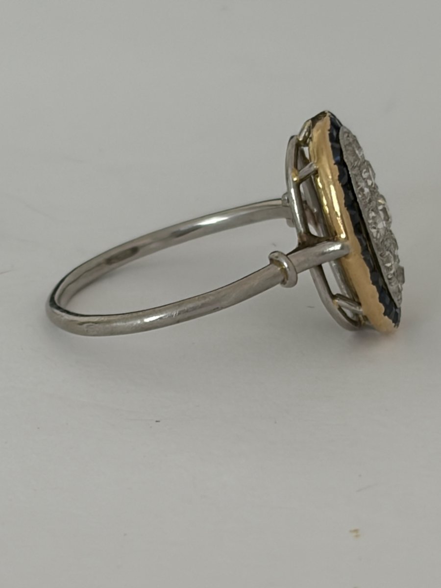 8090- Bague Ancienne Or Jaune et Gris Diamants Saphirs-photo-4