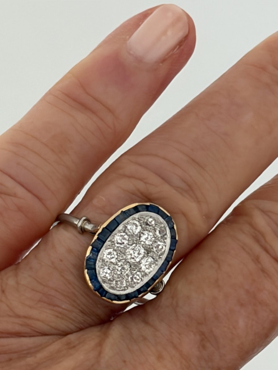 8090- Bague Ancienne Or Jaune et Gris Diamants Saphirs-photo-1