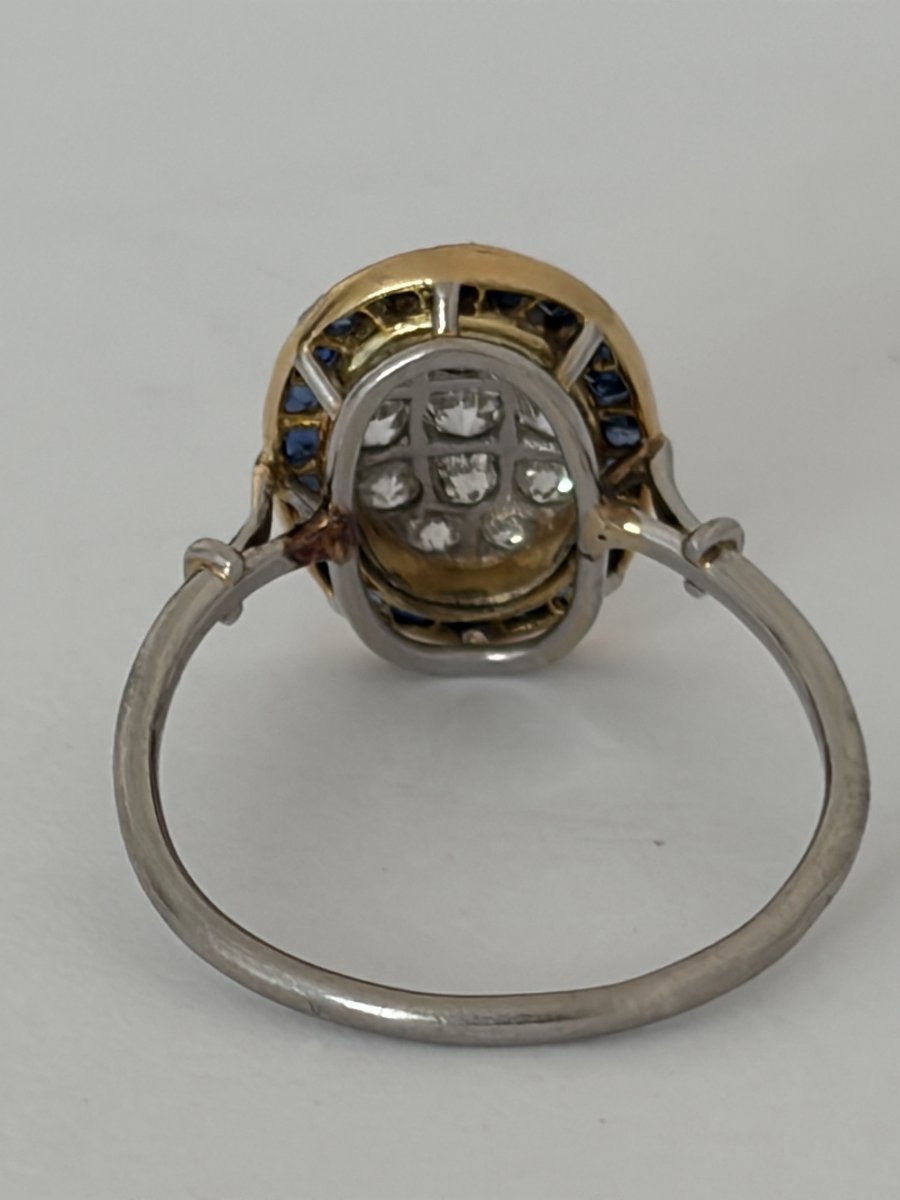 8090- Bague Ancienne Or Jaune et Gris Diamants Saphirs-photo-2