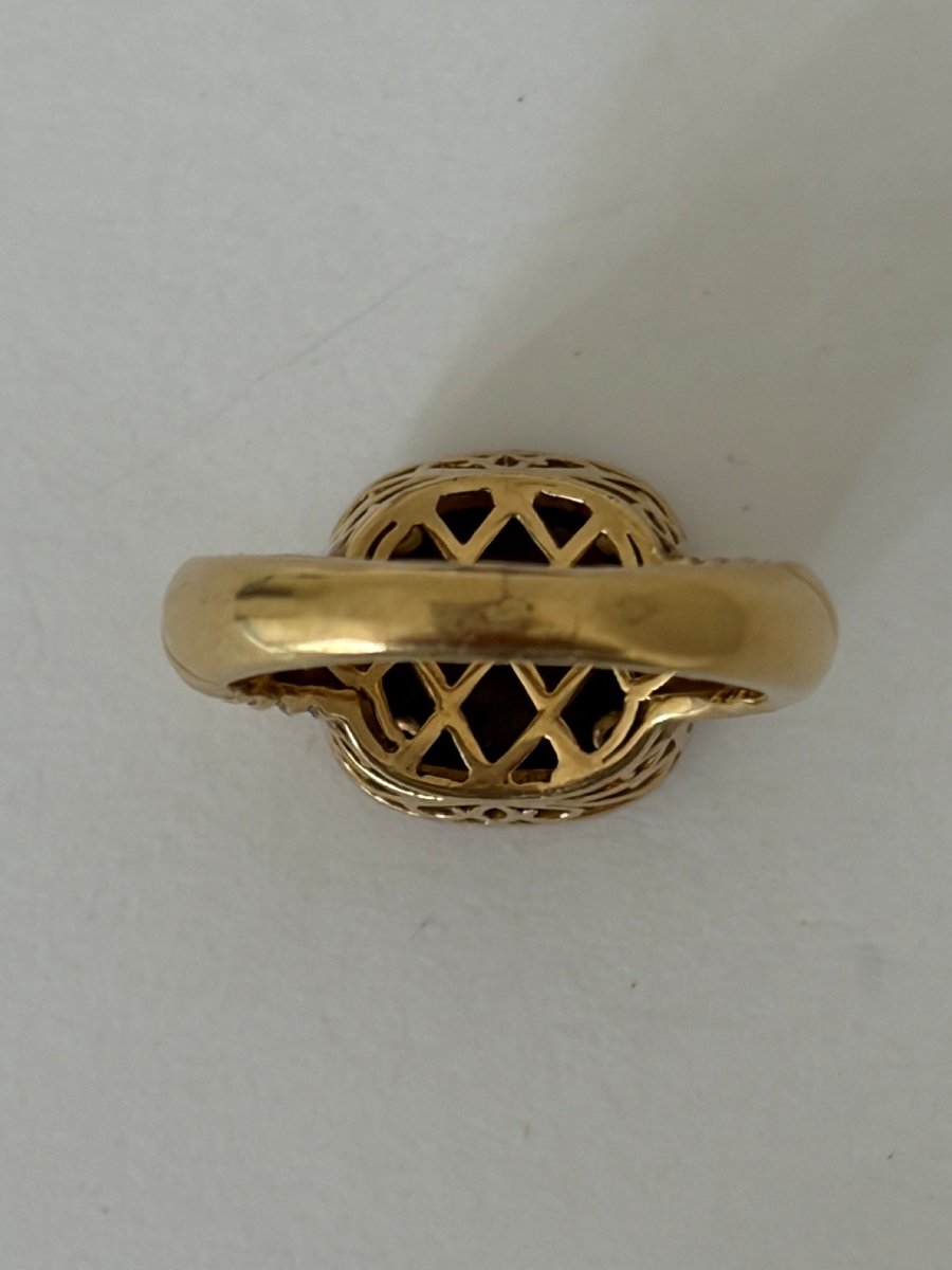 8100- Bague Vintage Or Jaune Quartz Fumé Diamants-photo-3