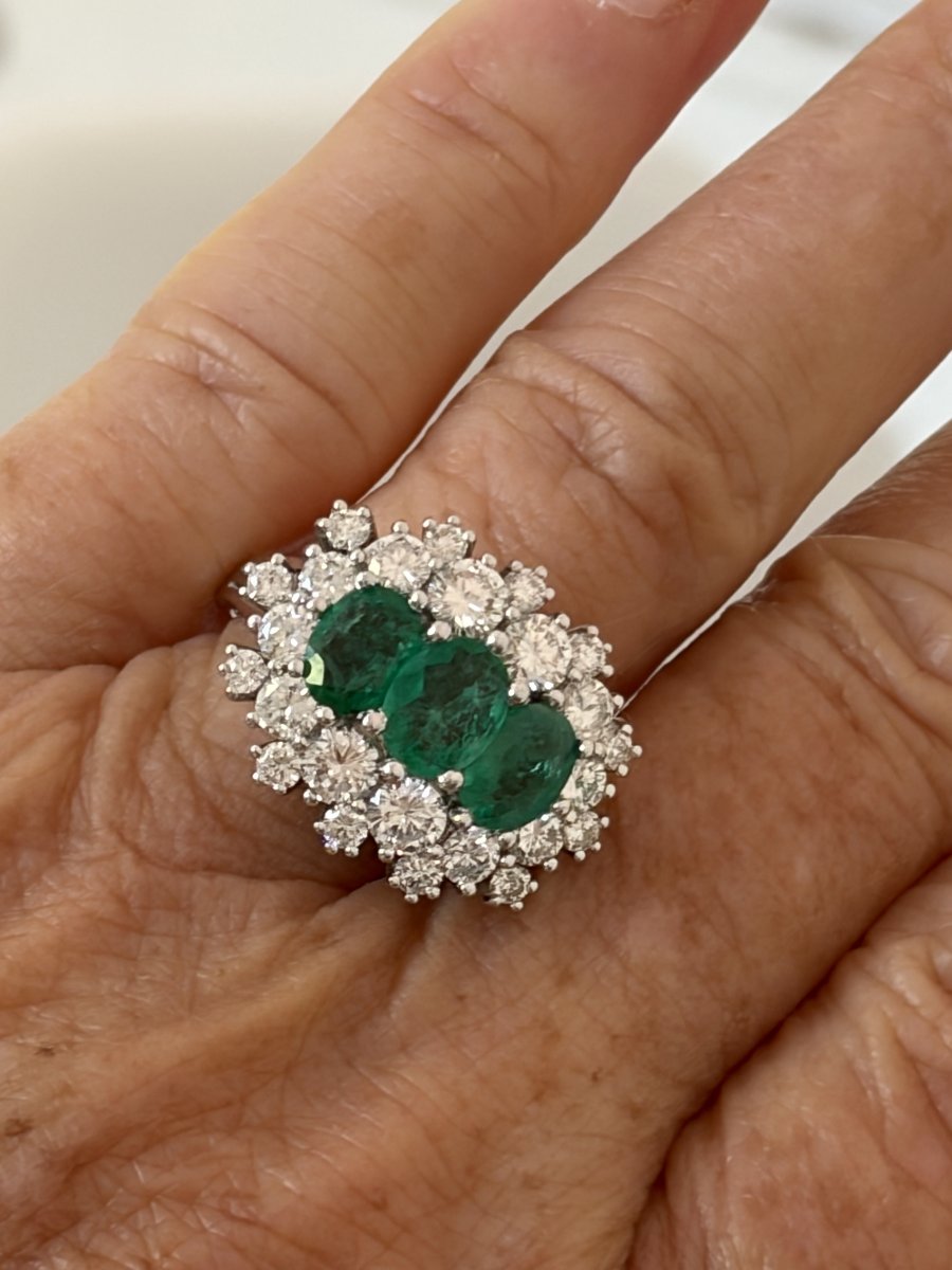8109- Bague Vintage Or Gris Emeraudes Diamants-photo-1