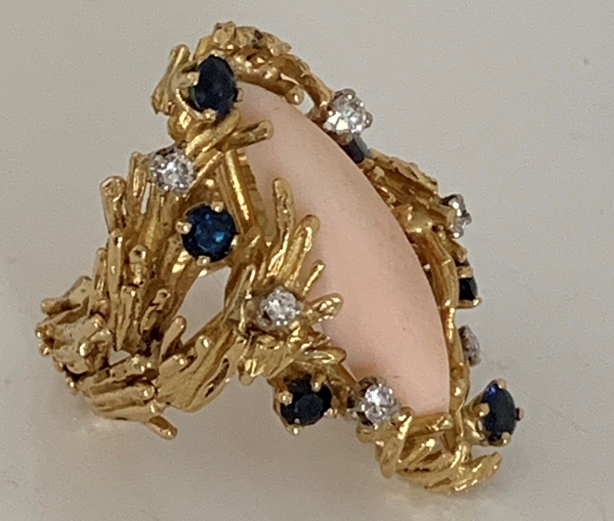 Yellow Gold Coral Sapphire Diamond Ring-photo-2
