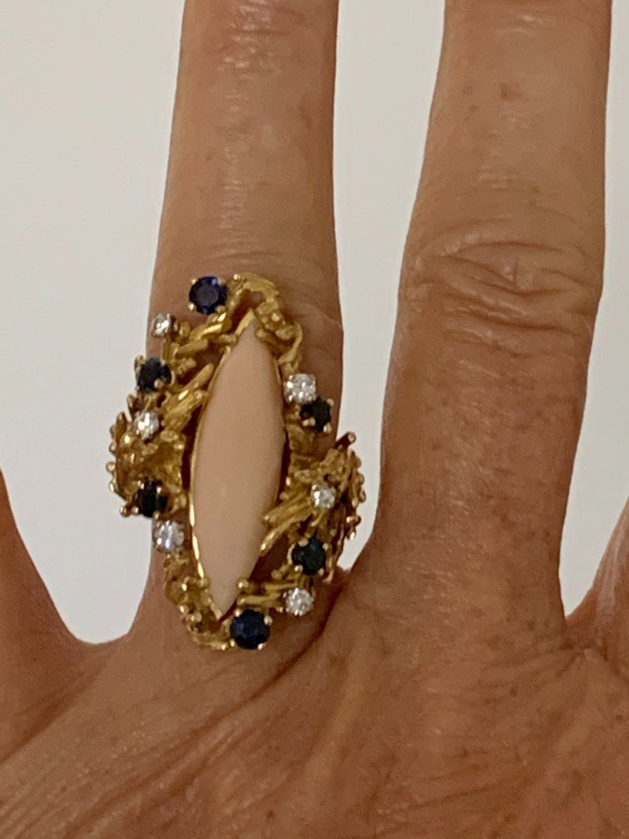 Yellow Gold Coral Sapphire Diamond Ring-photo-3