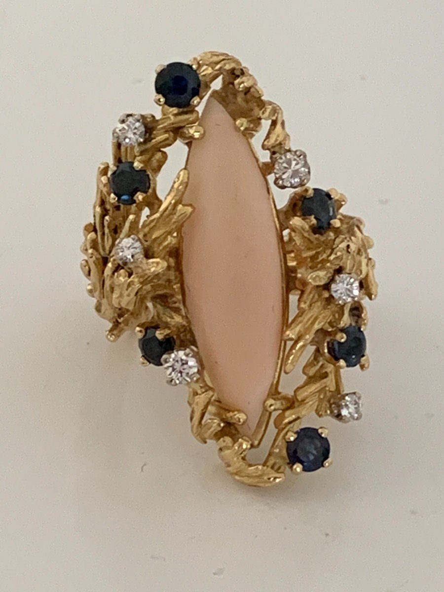 Yellow Gold Coral Sapphire Diamond Ring