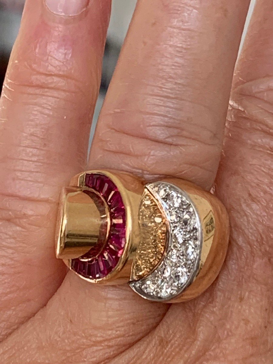 3305- Bague Or Jaune Rubis Synthétiques Diamants Années 40-photo-4