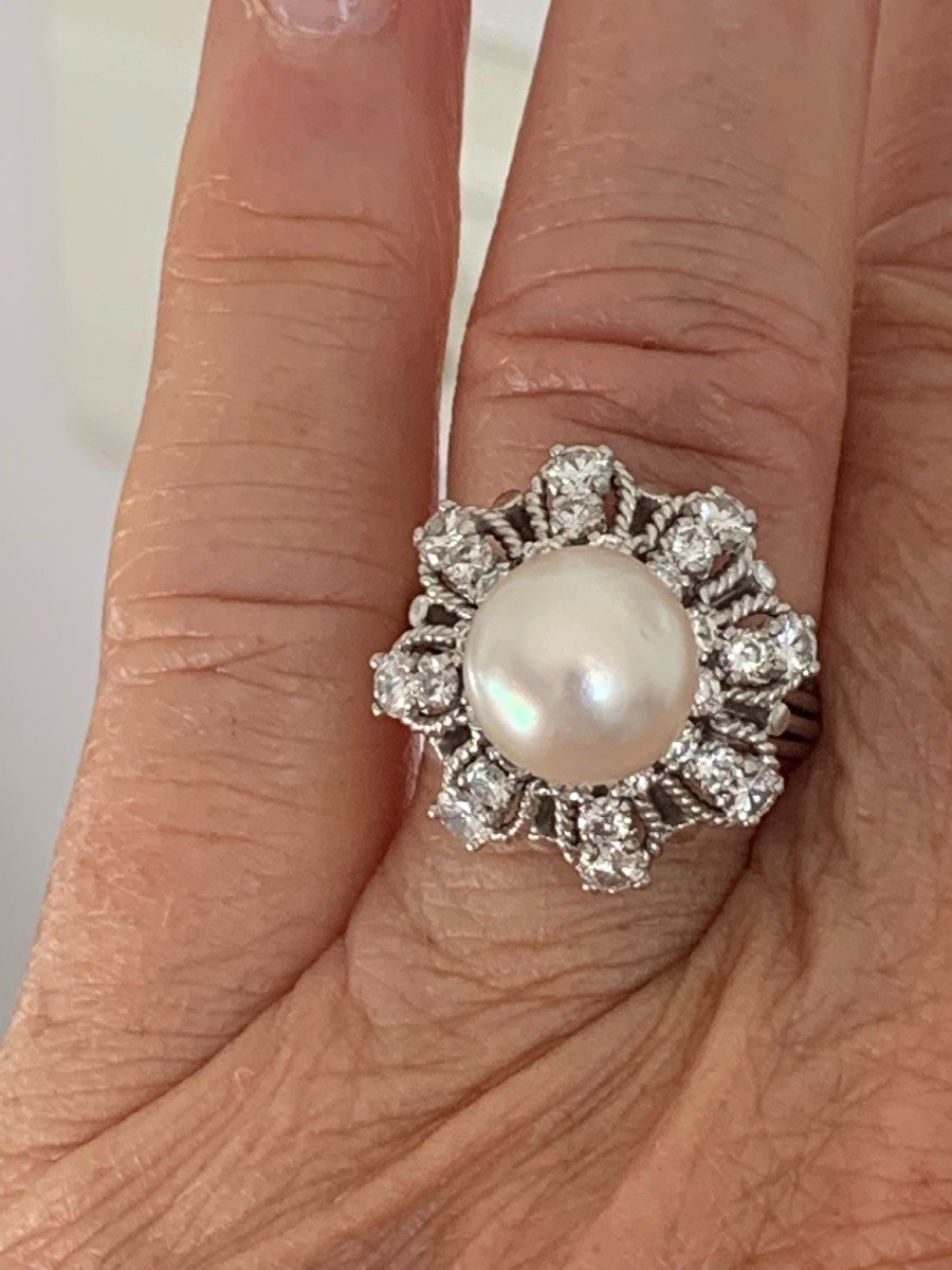 3341 – 1950s Platinum Pearl Diamond Ring-photo-2