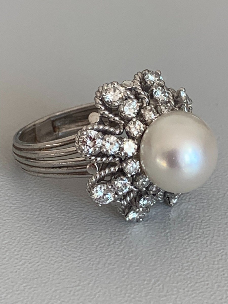 3341 – 1950s Platinum Pearl Diamond Ring-photo-4
