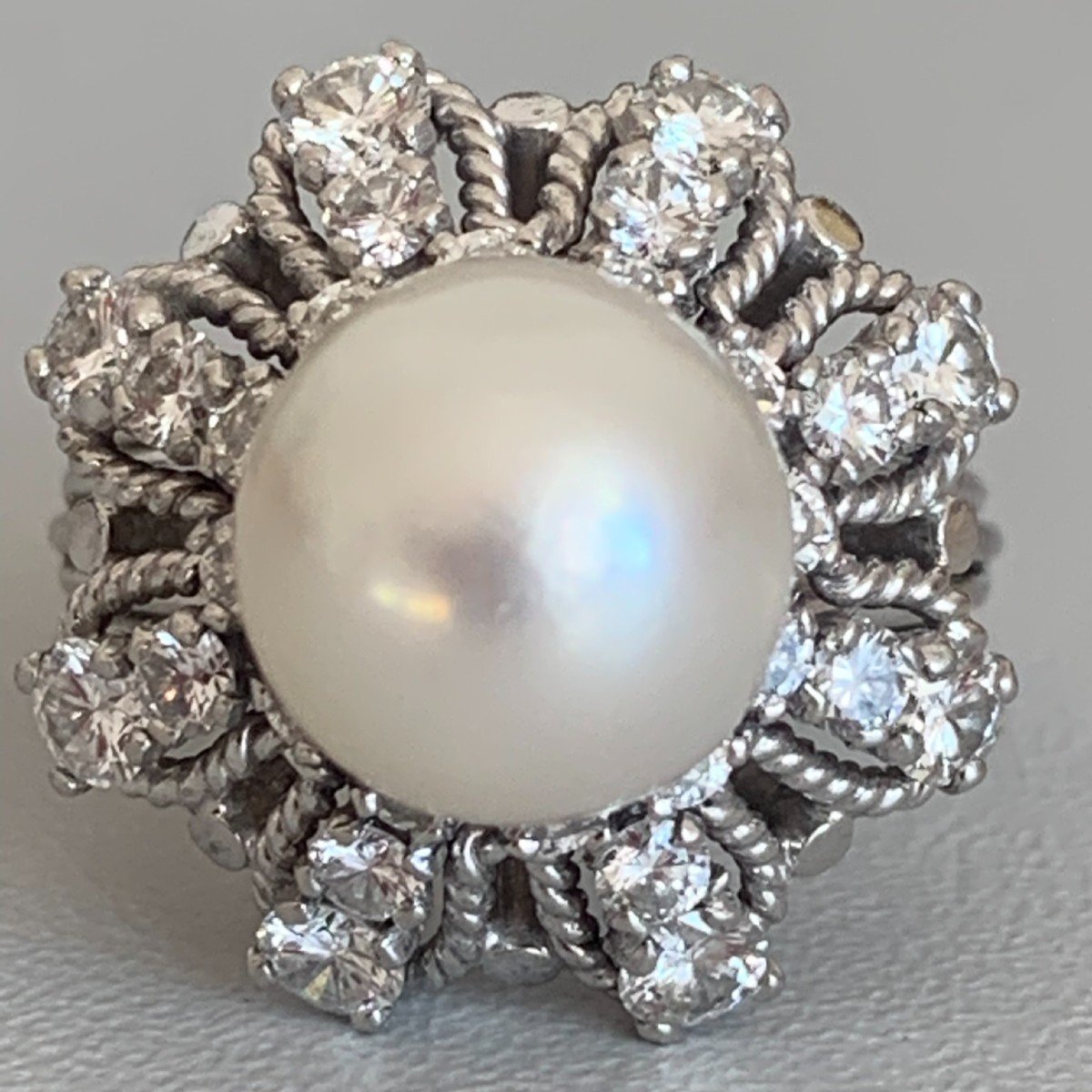 3341 – 1950s Platinum Pearl Diamond Ring