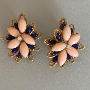 2890 – Coral Lapis Diamond Yellow Gold Earrings