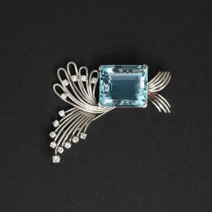 1929 – Broche Or Gris Aigue-marine Diamants