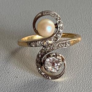 2635 – Ring Toi & Moi Yellow Gold Platinum Diamonds Pearl