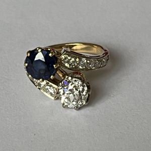 3740 – Bague Toi & Moi Or Jaune Saphir Diamants