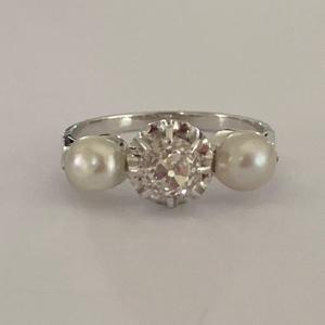 2314– Bague Or Gris Platine Perles Diamant 0,70 Ct