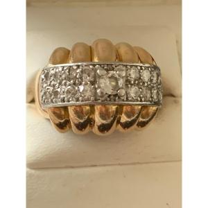 1841– Ribbed Ring Yellow Gold Platinum Diamonds 1950s