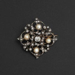 1471– Broche Ancienne Or Jaune Platine Perles Diamants