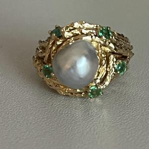 3362– Emerald Pearl Yellow Gold Ring Years 1950-60