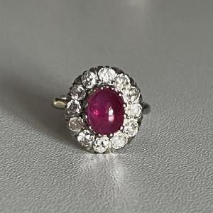 3938– Antique Pompadour Ring In White Gold Verneuil Ruby And Diamonds