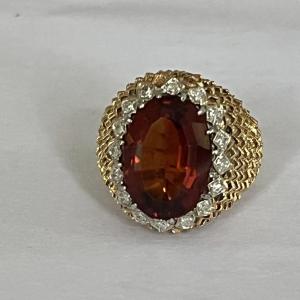 4163– Bague Boule Or Jaune Quartz Orange Diamants