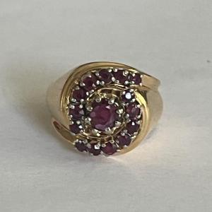 4372– Bague Tourbillon Or Jaune Pierres Rouges